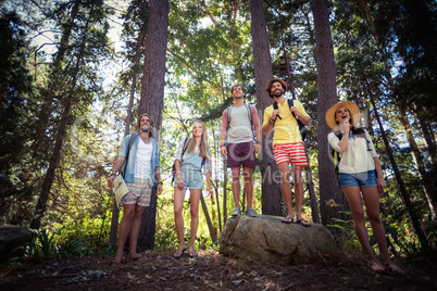 Group of friends standing together in forest