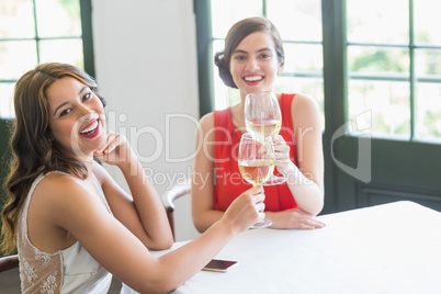 Friends toasting wine glasses while sitting in the restaurant
