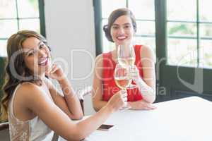 Friends toasting wine glasses while sitting in the restaurant