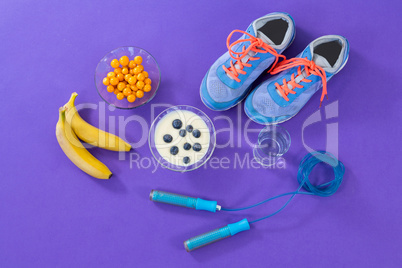 Shoes, banana, water glass, skipping rope and breakfast