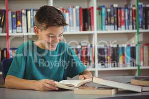 Smiling schoolboy reading book in library