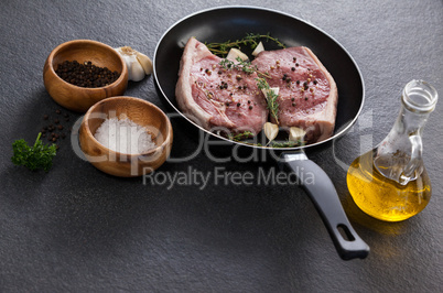 Sirloin chop in frying pan with ingredients