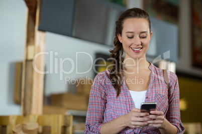 Female customer using mobile phone in grocery store