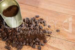 Coffee beans with powder and scoop