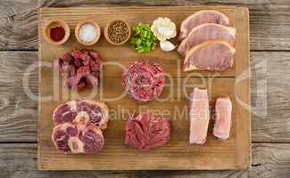 Varieties of meat and spices on wooden tray