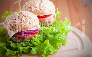 Cheeseburger with salad, onion tomato and fresh bread.