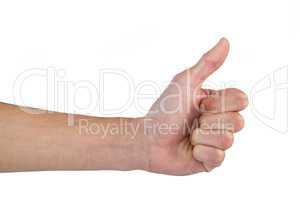 Hand showing thumb up against white background