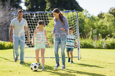 Family playing football together at the park