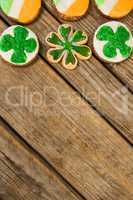 St. Patricks Day cookies decorated with irish flag and shamrock toppings