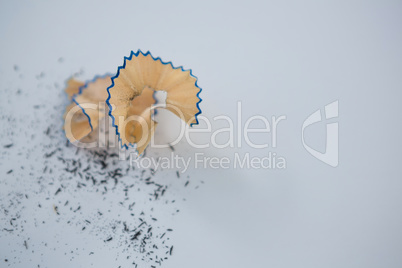 Blue color pencil shavings on a white background