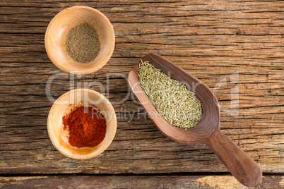 Spices in bowl and wooden spoon