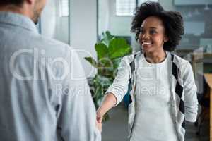Happy woman shaking hands with colleague