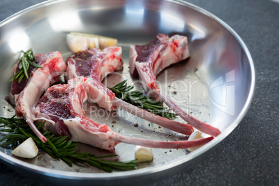 Rib chops and herbs in frying pan