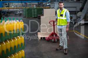 Factory worker pulling trolley of cardboard boxes in factory