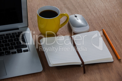 Cup of coffee with laptop, organizer, pencil and mouse