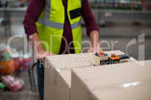 Factory worker pulling trolley of cardboard boxes