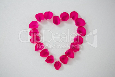 Rose petals forming heart shape against white background