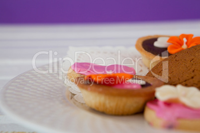 Close-up of various cookies arranged in plate