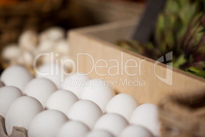 Close-up of eggs arranged in egg carton