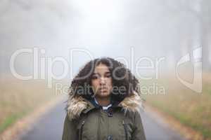 Mixed Race African American Girl Teenager in Mist