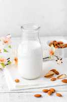 Almond nuts and milk on white background