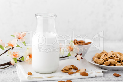 Almond nuts and milk on white background
