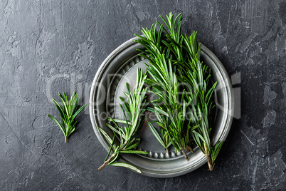 Fresh rosemary twigs on dark culinary background, top view, flat lay, copy space