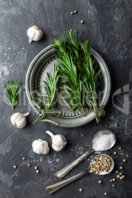 Rosemary, garlic, salt and white pepper, culinary background with various spices, directly above, flat lay