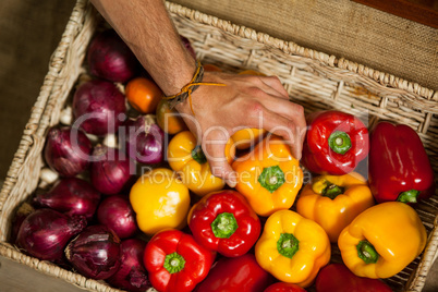 Hand of male staff selecting bell pepper in organic section