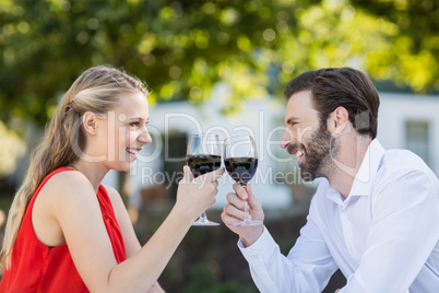 Couple toasting glasses of wine in a restaurant