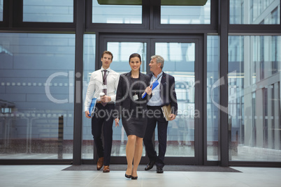 Businesspeople walking together with file