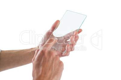 Hands using futuristic mobile phone
