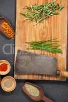 Wooden tray with ingredients