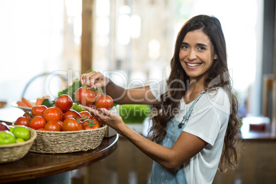 Smiling woman picking fresh tomatoes from the basket
