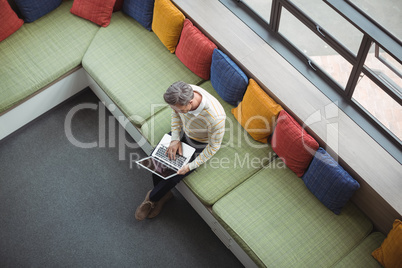 Overhead view of school teacher using laptop in library