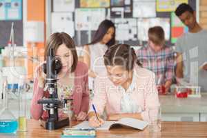 Students experimenting on microscope in laboratory at school in laboratory