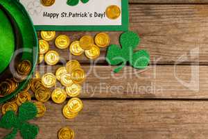 St Patricks Day placard, leprechaun hat with shamrock and gold chocolate coin
