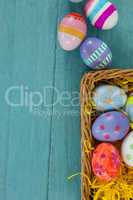 Various Easter eggs arranged in wicker basket