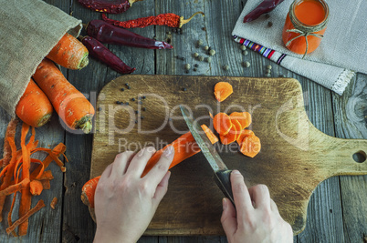 Sliced fresh carrots on a kitchen board