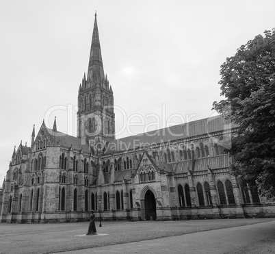 Salisbury Cathedral in Salisbury in black and white