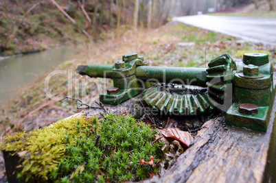 Old green gear on a small wooden