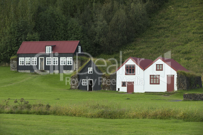 Traditional iclandic houses with grassy roofs.