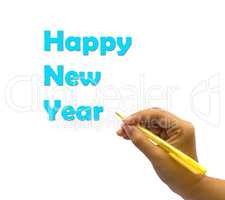 A hand writing the words Happy New Year.
