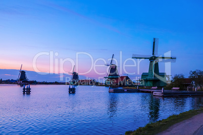 Evening River Zaan with Dutch windmills in Zaandam