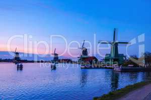 Evening River Zaan with Dutch windmills in Zaandam