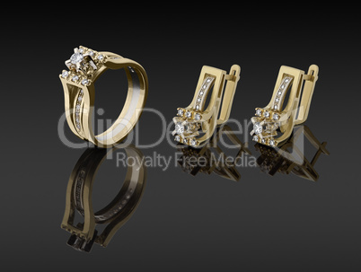 gold ring and earrings with diamonds