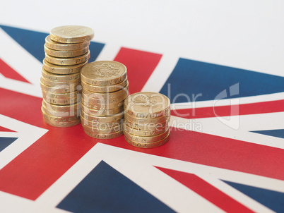 Pound coins, United Kingdom over flag