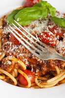 Silbergabel auf Spaghetti Bolognese