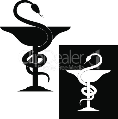 Pharmacy symbol medical snake and cup. Vector emblem for drugstore or medicine .