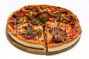 Pizza with sausage, mushrooms and hot pepper.